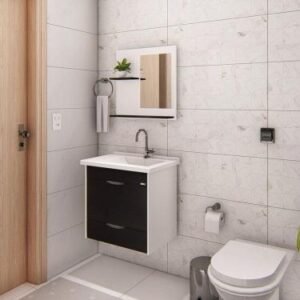 Conjunto Gabinete de Banheiro Suspenso 1 Gaveta com Espelheira e Cuba AJ Rorato Textura Preto/Branco